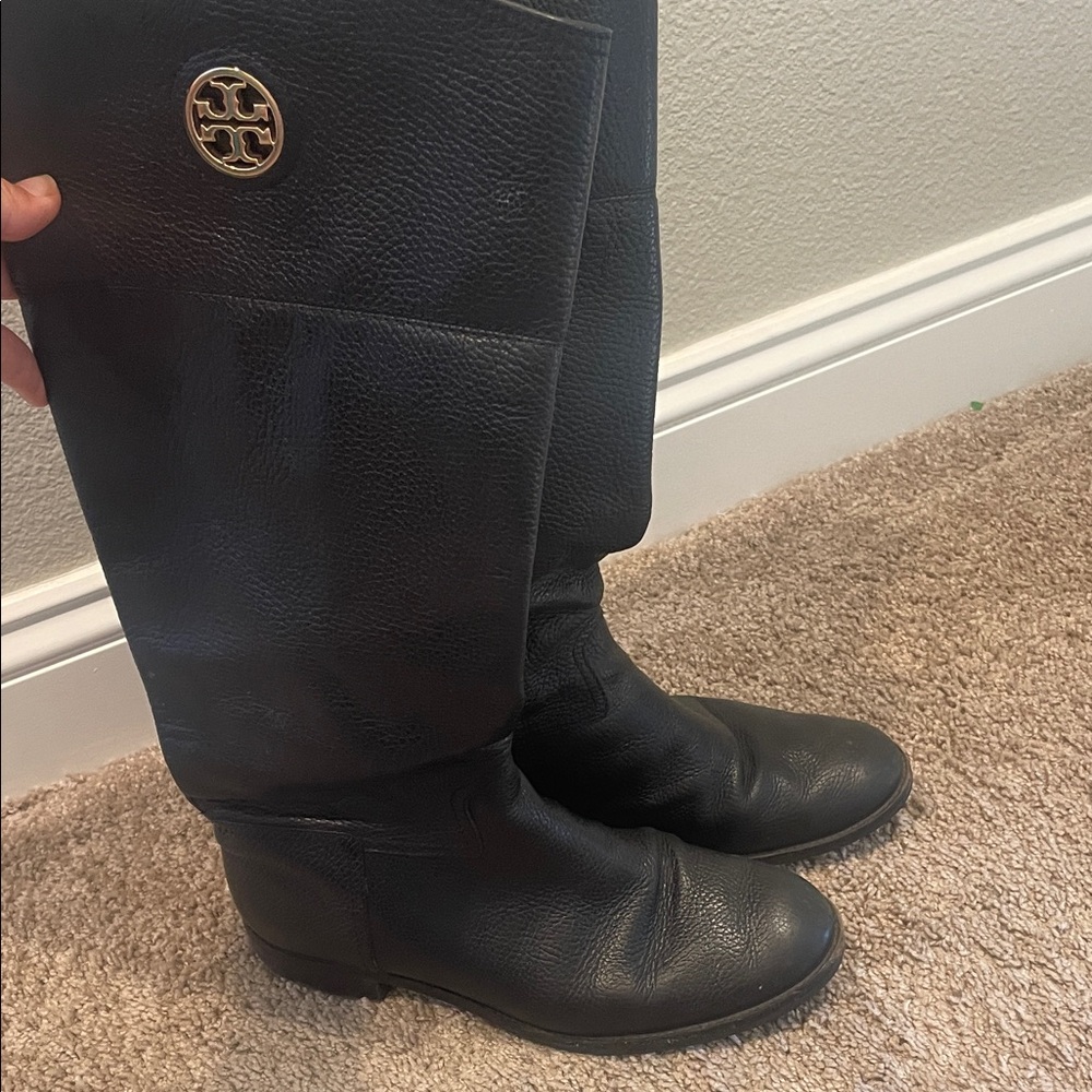 Tory Burch Black Leather Mid-Calf Riding Boots with Gold Logo